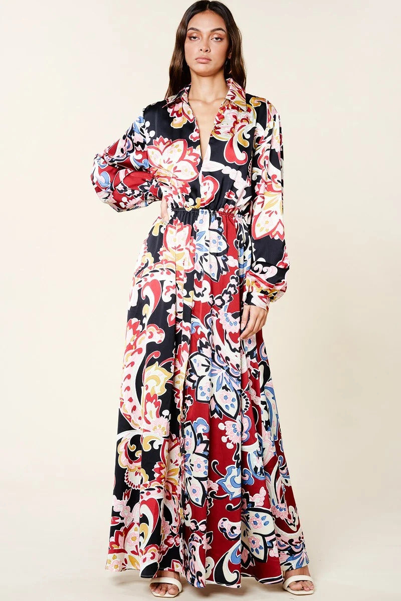 Vintage Printed V Neck Dress
