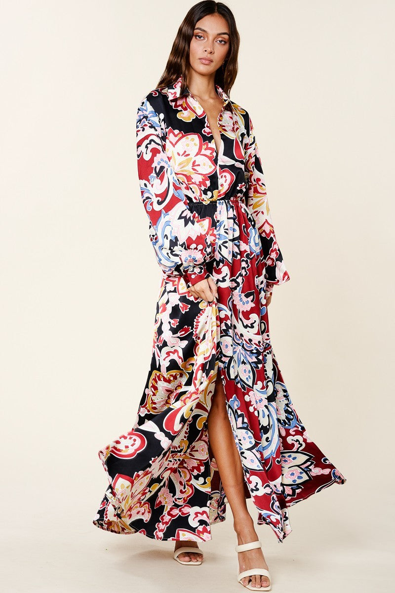 Vintage Printed V Neck Dress