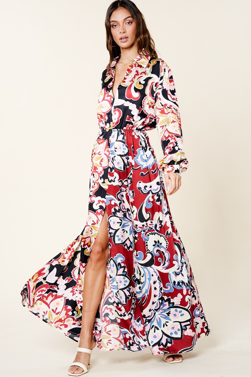 Vintage Printed V Neck Dress