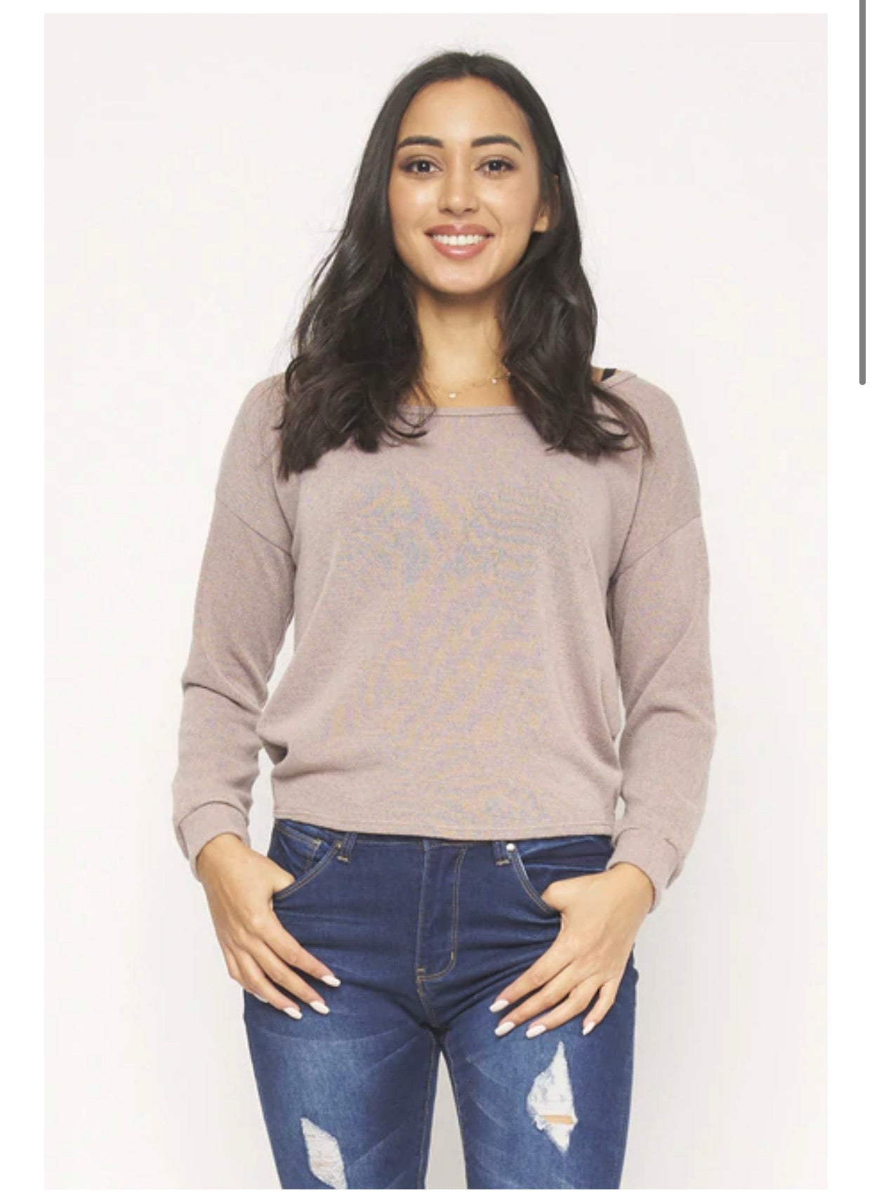 LONG SLEEVE ROUND NECK OPEN BACK KNOTT DETAIL THIN KNIT TOP