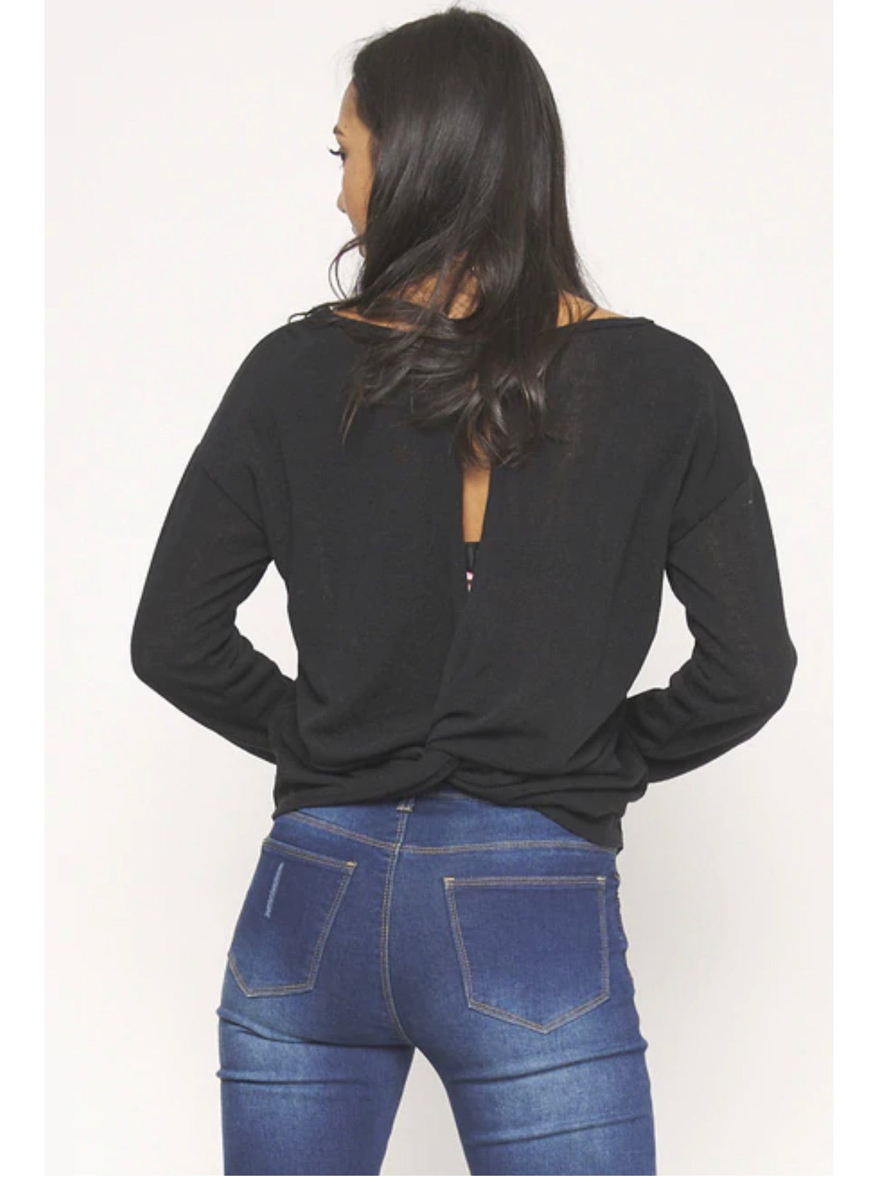 LONG SLEEVE ROUND NECK OPEN BACK KNOTT DETAIL THIN KNIT TOP