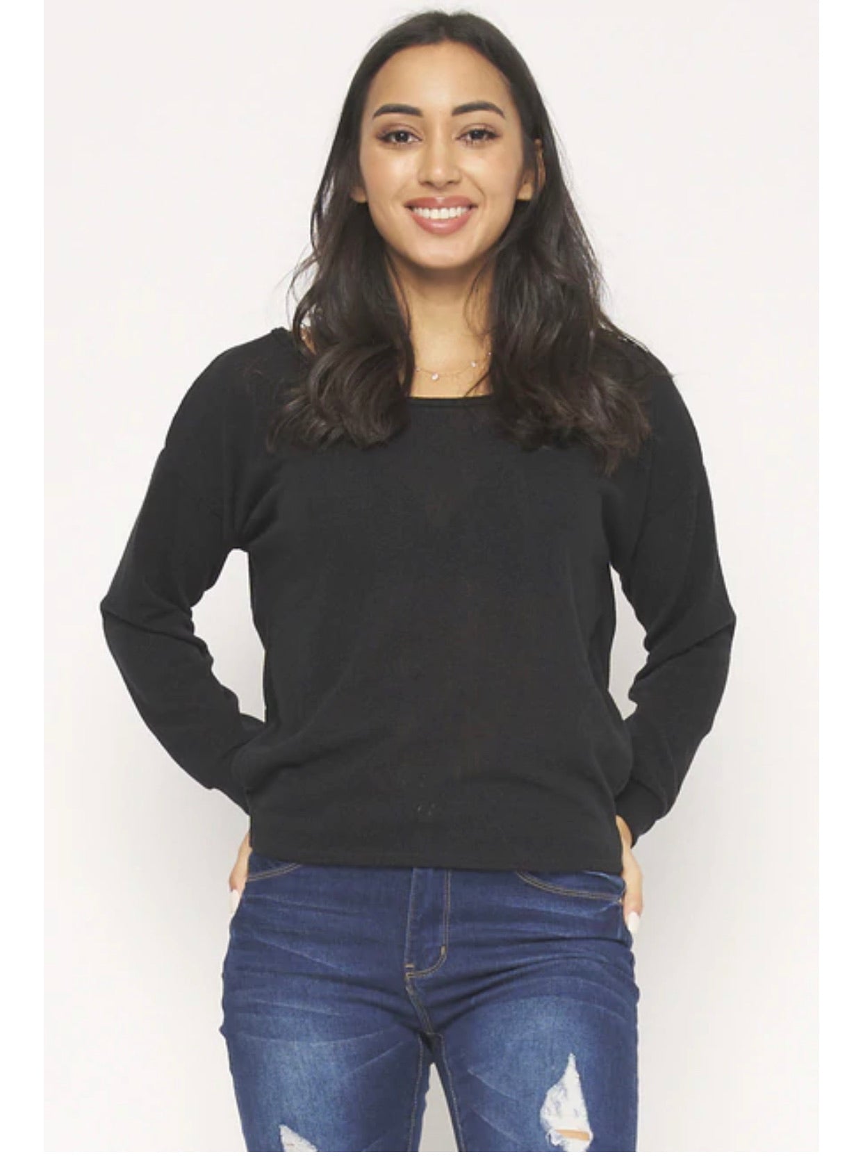 LONG SLEEVE ROUND NECK OPEN BACK KNOTT DETAIL THIN KNIT TOP