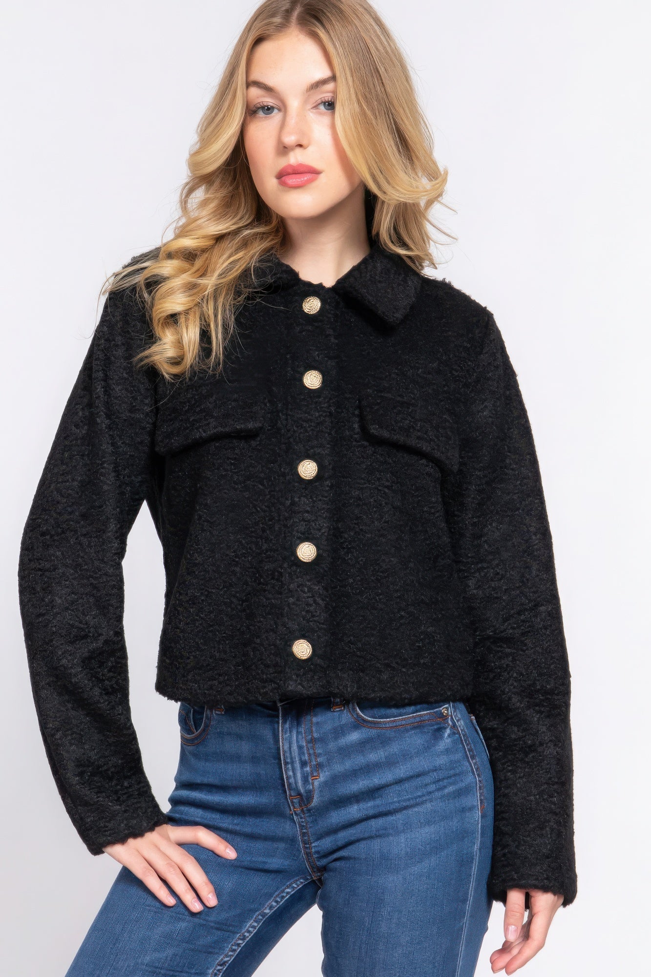 Long Slv Teddy Fleece Short Jacket