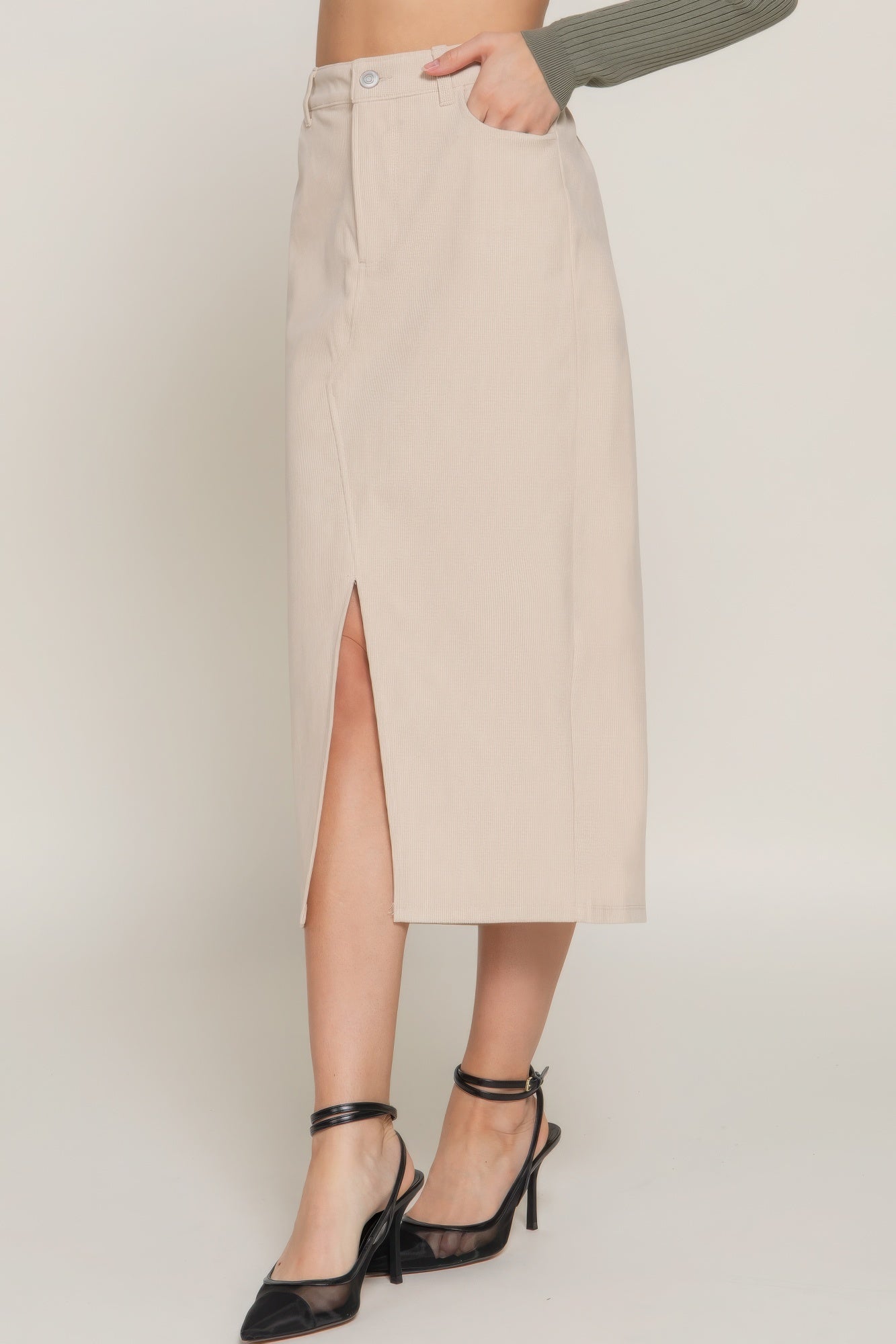 Front Open Slit Corduroy Midi Skirt