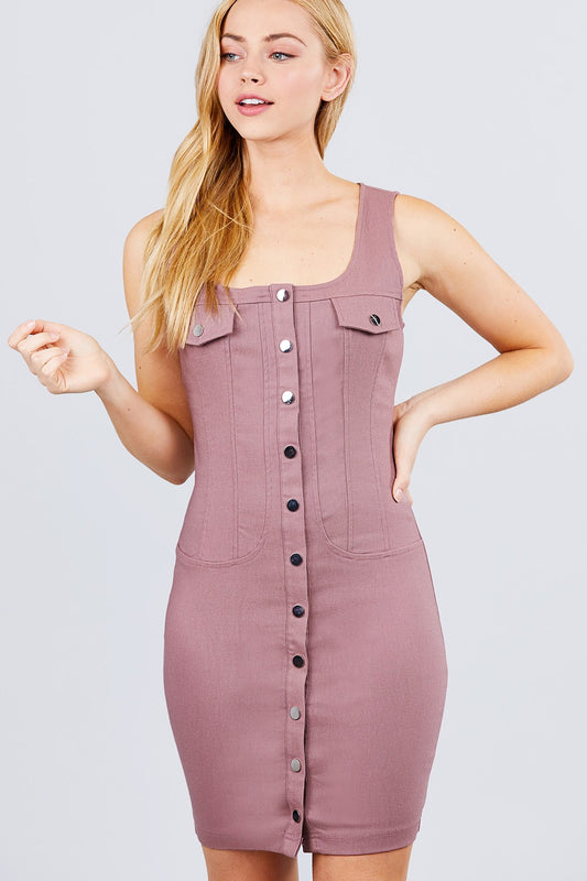 Sleeveless Deep Square Mini Woven Dress