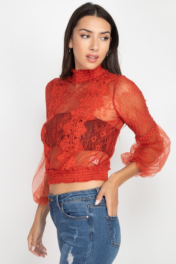 Lace Trim Balloon Sleeve Smocked Top