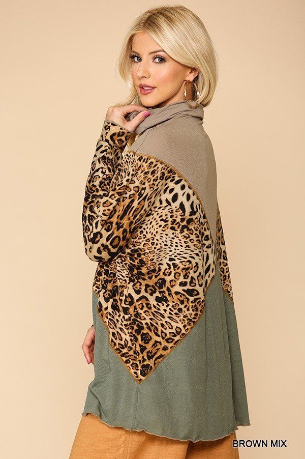 Solid And Animal Print Mixed Knit Turtleneck Top With Long Sleeves