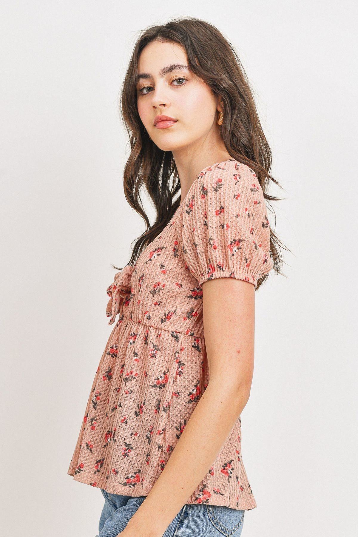 Front Tie Floral Waffle Top