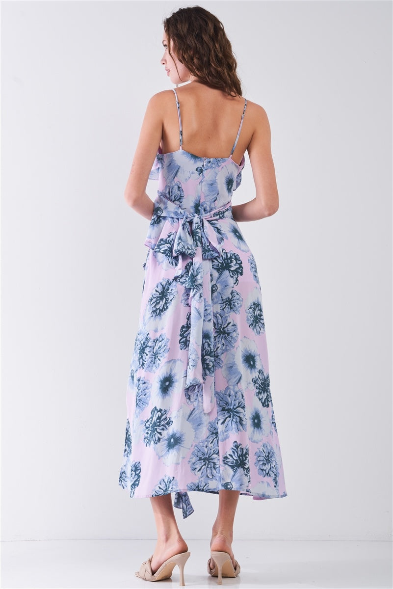 Blue Floral Print Side Slit Detail Midi Dress