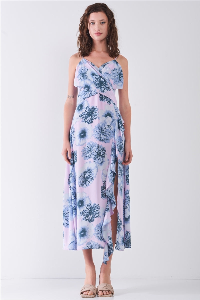 Blue Floral Print Side Slit Detail Midi Dress