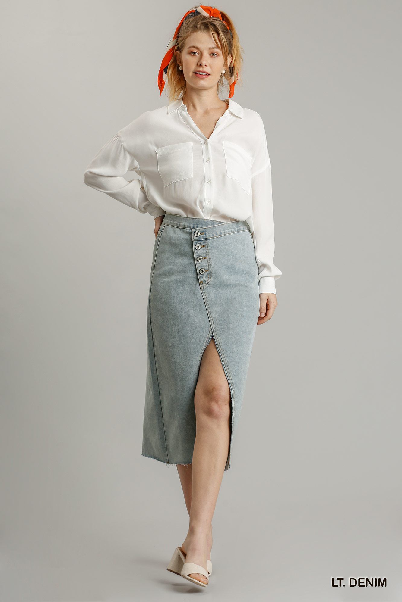 Asymmetrical Front Split Denim Skirt