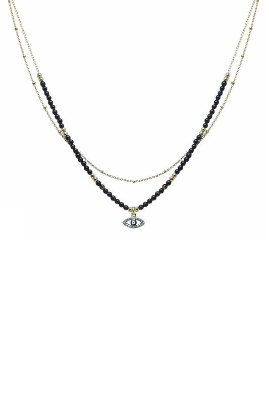 Layered Metal Seed Bead Evil Eye Pendant Necklace