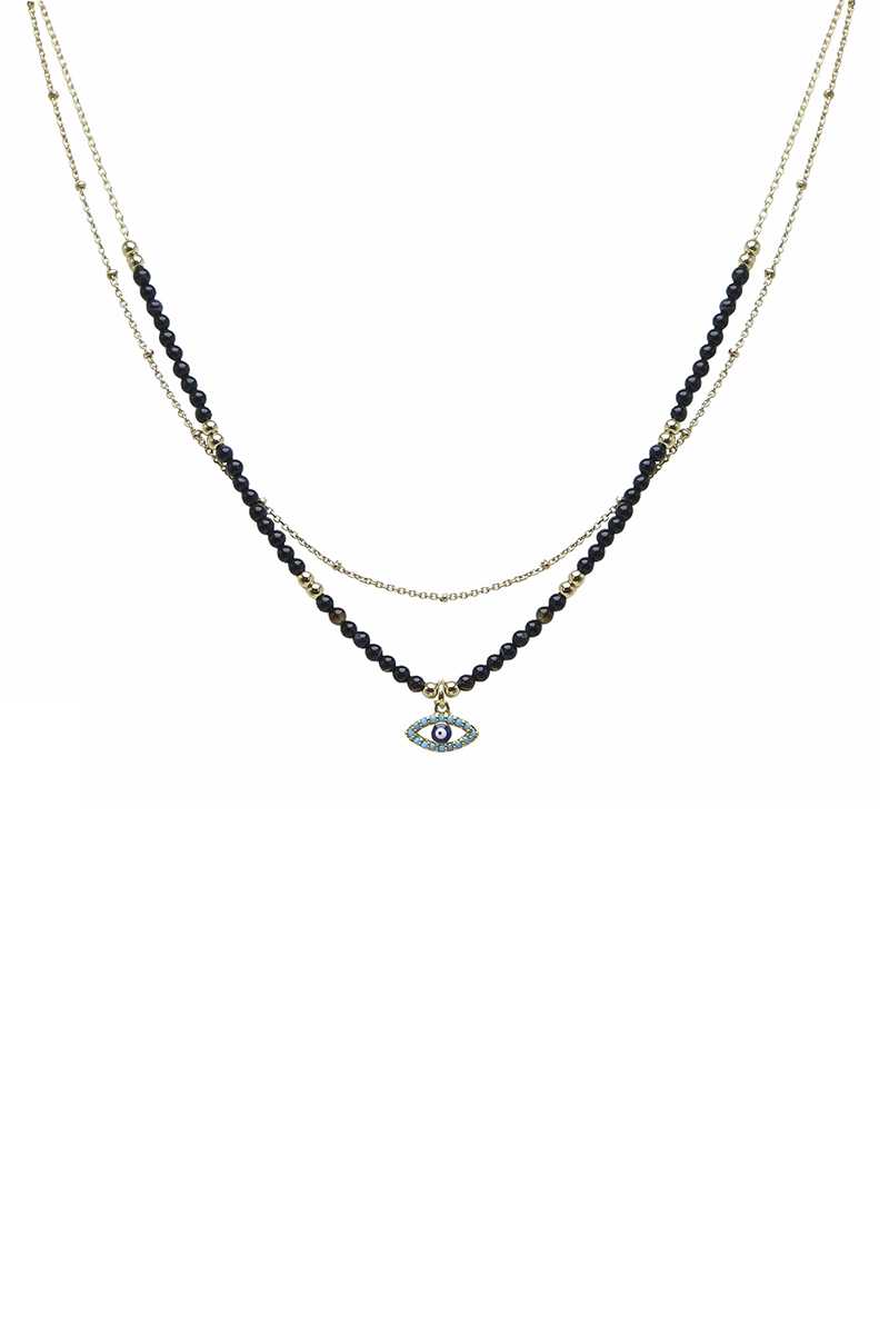 Layered Metal Seed Bead Evil Eye Pendant Necklace