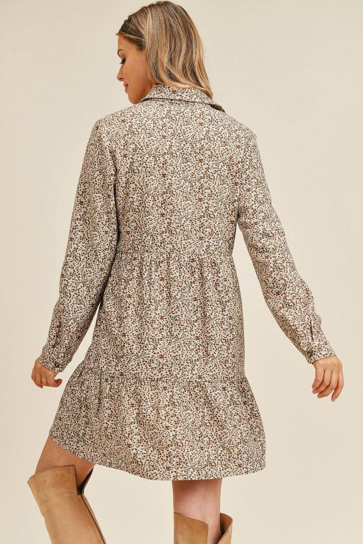 Corduroy Printed Button Down Front Collar Long Sleeve Dress