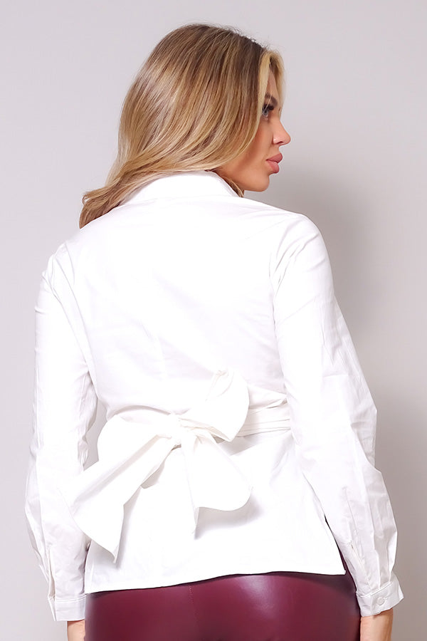 Long Sleeve Crossed Front Back Tie Button Down Cropped Shirt