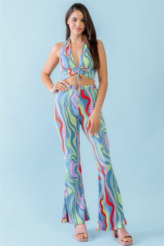 Multicolor Abstract Print Halter Pants Set