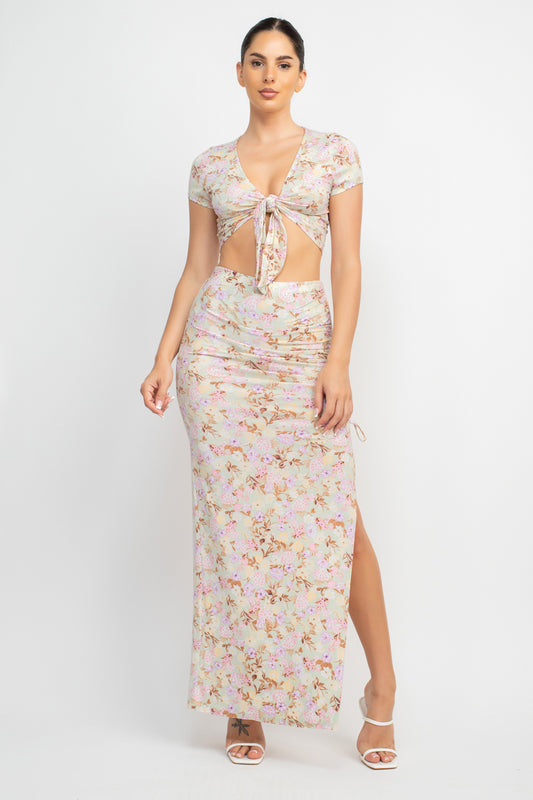 Floral Top & Ruched Maxi Skirts Set