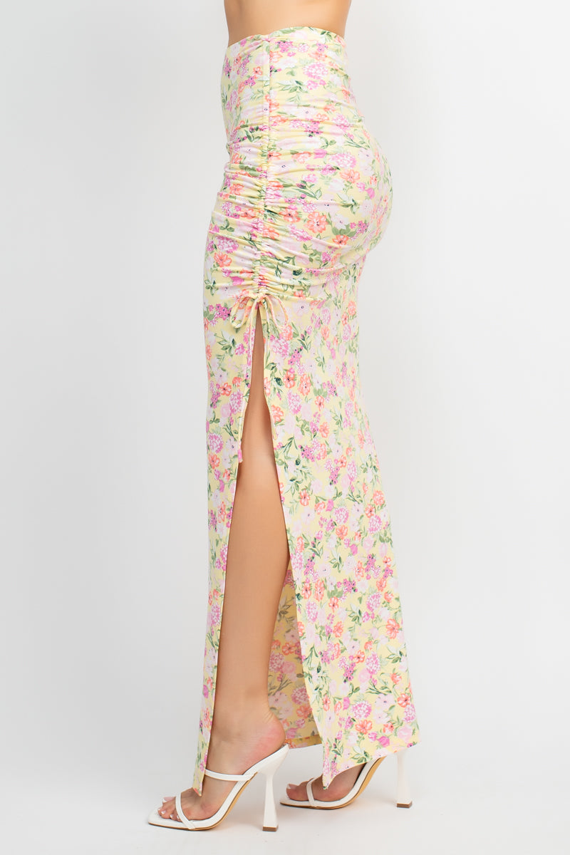 Floral Top & Ruched Maxi Skirts Set