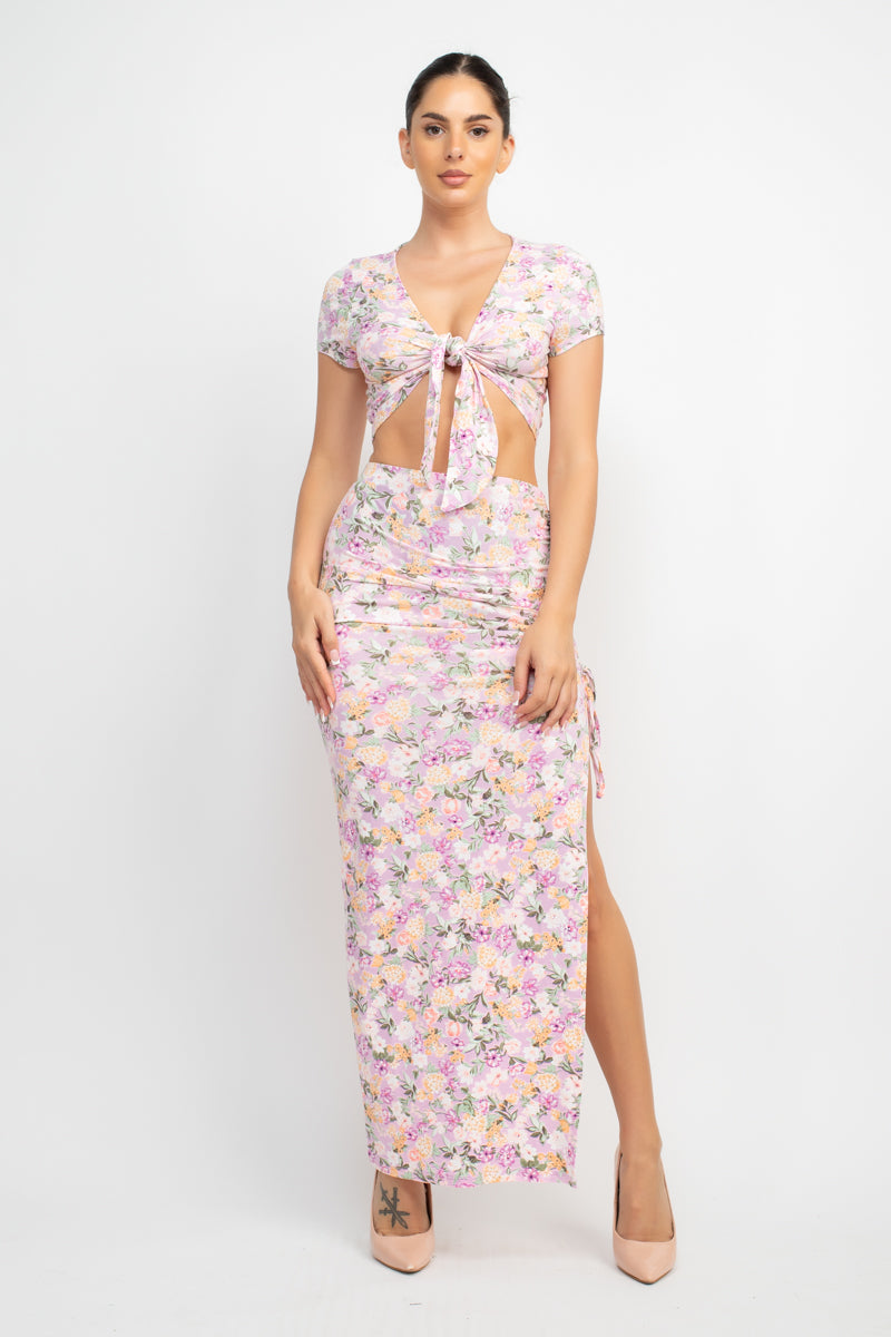 Floral Top & Ruched Maxi Skirts Set