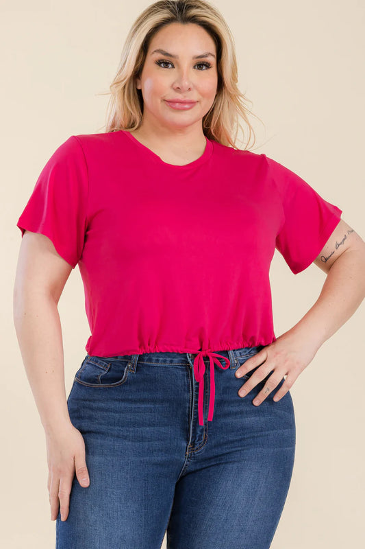 Tie Front Drawstring Short Sleeve Crop Top