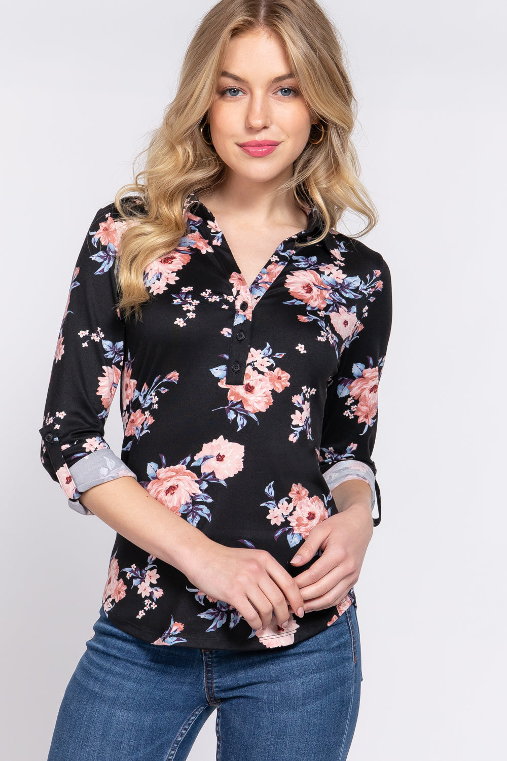 Floral Notched Print Knit Top