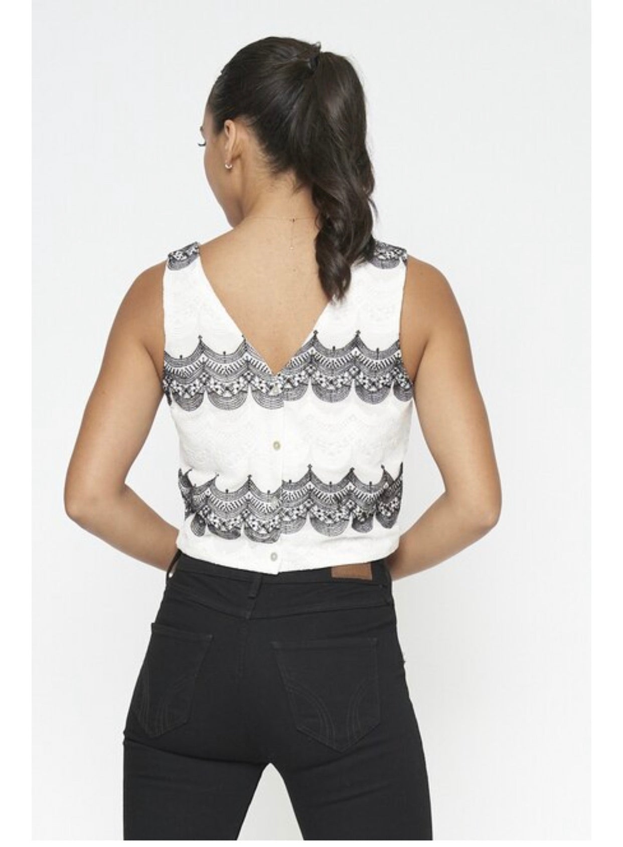White and Black Embroidery Top